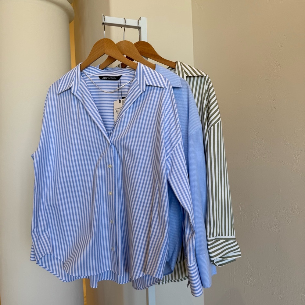 Zara Poplin Button Down Shirt Trio - Green, Blue, Light Blue